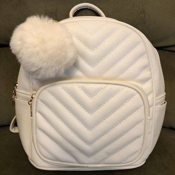 Accessories - NWOT Mini Backpack Pom Cute Small Backpack Purse Vegan Leather White Cream Bag